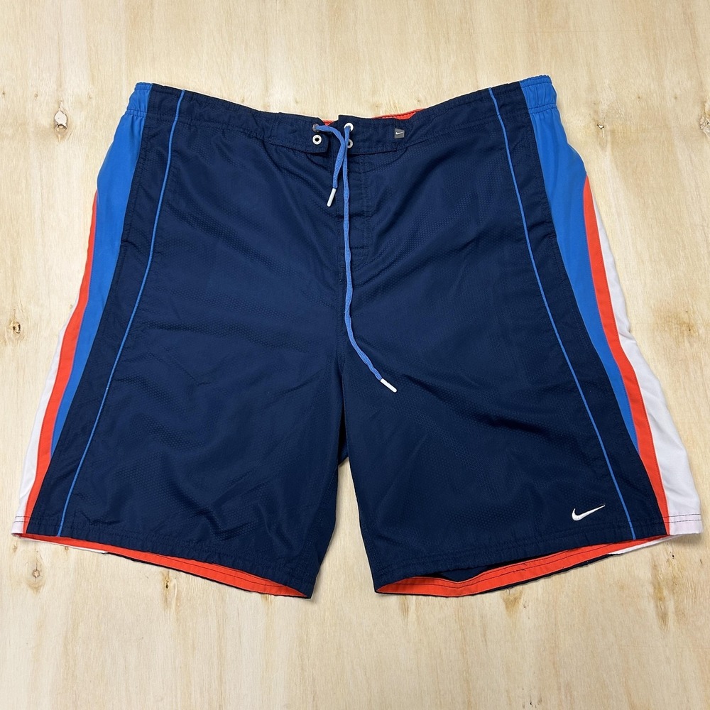 Y2K Nike Swim Shorts Mens 2XL Blue Colorblock Mesh Lined Drawstring Beach Trunks